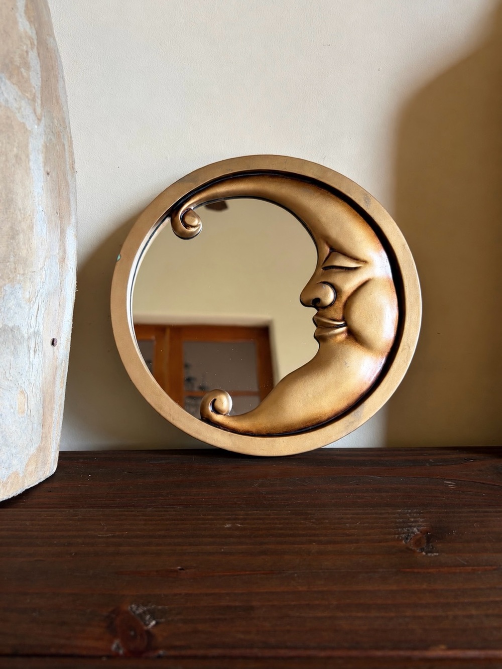 90s Vintage Gold Crescent Moon Face Mirror Celestial Whimsigoth Wall Decor